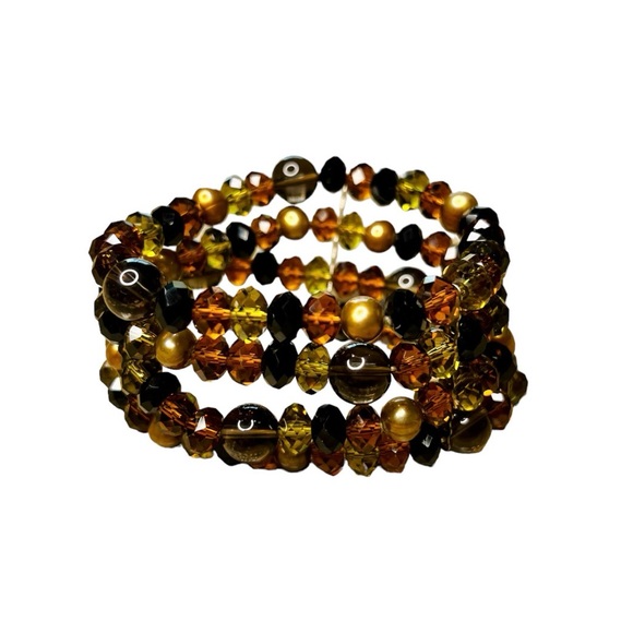 Four Stack Amber/Gold/Black/Brown Beaded Bangle Bracelet - Picture 4 of 5